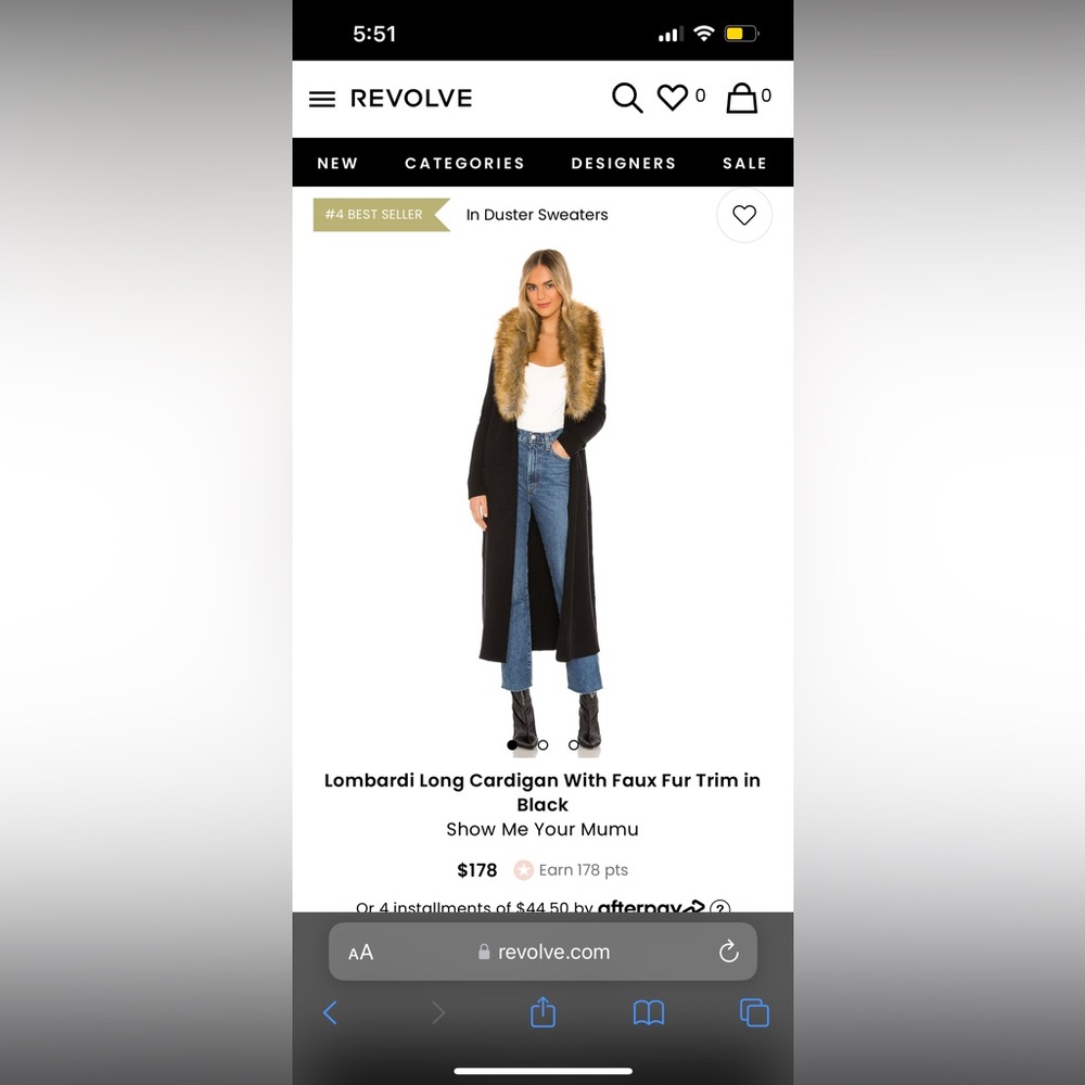 Lombardi Long Cardigan With Faux Fur Trim in Black - NWOT - Size XS